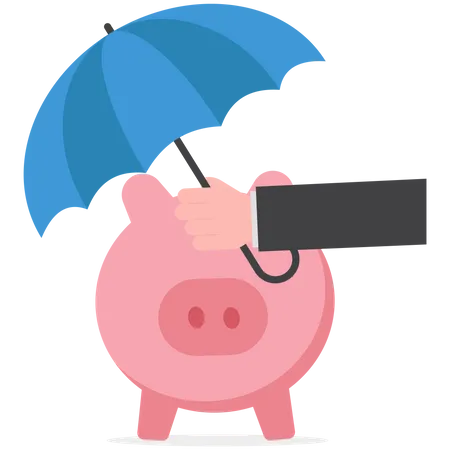 Confidence investor with his piggy bank safety money covered by big umbrella  Illustration