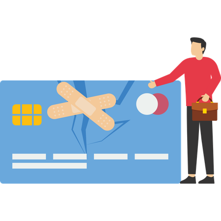 Confidence man stand with fixed and repaired credit card with bandage  Illustration