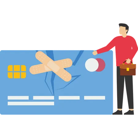 Confidence man stand with fixed and repaired credit card with bandage  Illustration