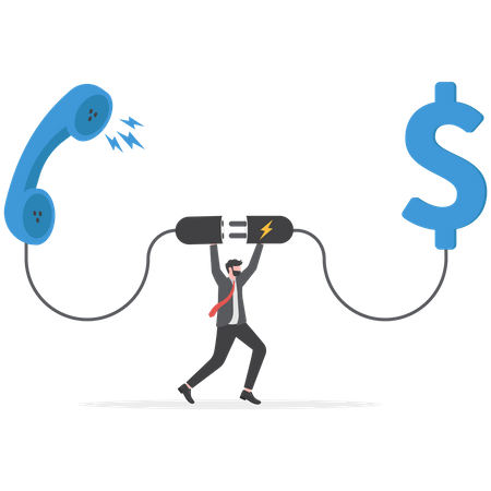 Confidence salesman standing with telephone connected to money dollar  Illustration