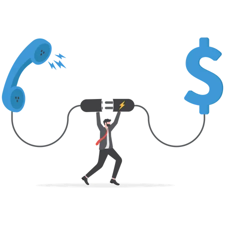 Confidence salesman standing with telephone connected to money dollar  Illustration