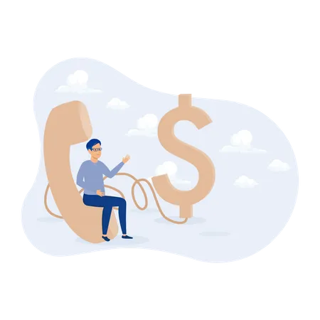 Confidence salesman standing with telephone connected to money dollar sign  Illustration