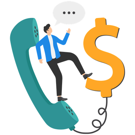 Confidence salesman standing with telephone connected to money dollar sign  Illustration