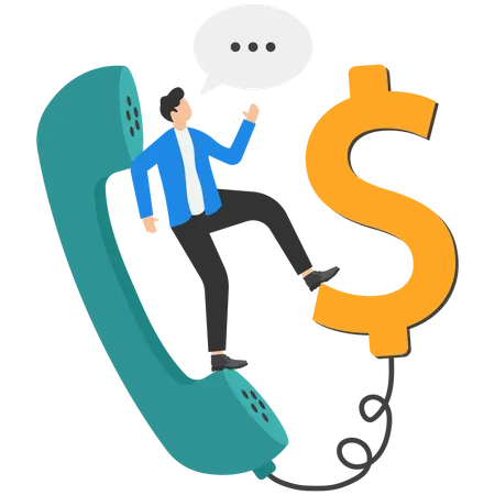 Confidence salesman standing with telephone connected to money dollar sign  Illustration