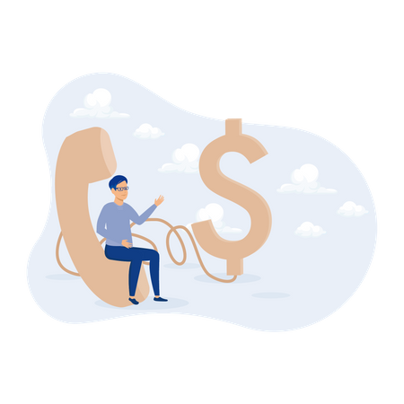 Confidence salesman standing with telephone connected to money dollar sign  Illustration