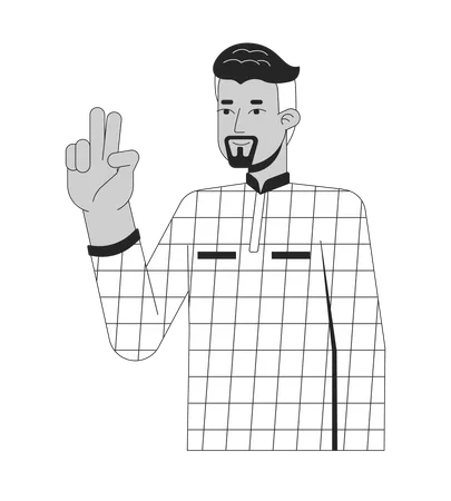 Confident 40 S Arab Man Victory Sign Black And White 2 D Line Cartoon Character Middle Eastern Businessman Two Fingers Up Gesture Isolated Vector Outline Person Monochromatic Flat Spot Illustration Illustration