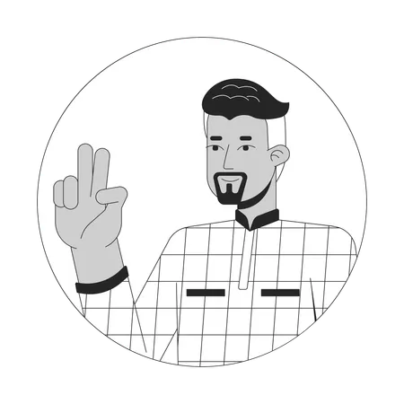 Confident 40 S Arab Man Victory Sign Black And White 2 D Vector Avatar Illustration Middle Eastern Businessman Two Fingers Up Gesture Outline Cartoon Character Face Isolated Flat User Profile Image Illustration