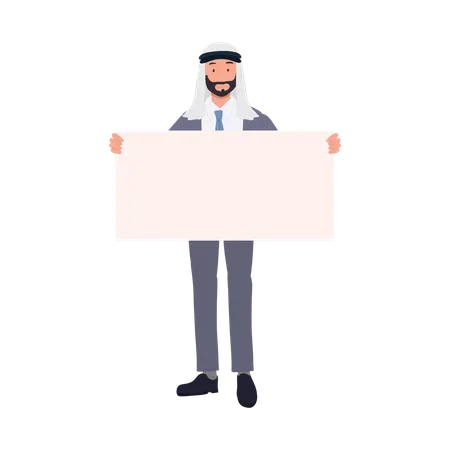 Confident Arabic Businessman Presenting Message Holding Blank Signboard For Corporate Marketing Illustration