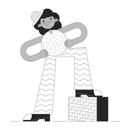 Confident Black Woman Black And White 2 D Illustration Concept Retro Groovy Cartoon Outline Character Isolated On White Cute Geometric Figure Female Hands On Hips Metaphor Monochrome Vector Art Illustration