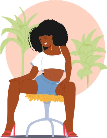Sexy Confident Black Woman Sits On Chair Showcasing Her Beauty In Stylish Shorts Sleeveless Top And Heels African Female Character Embodying Grace And Sensuality Cartoon People Vector Illustration Illustration