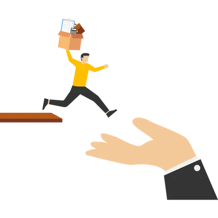 Concept Change Job Leave The Company For A New Career Opportunity Confident Brave Businessman Carrying Stuff Running Away Jumping From Cliff To Help Giant Hand The Decision To Change Employer Concept Illustration