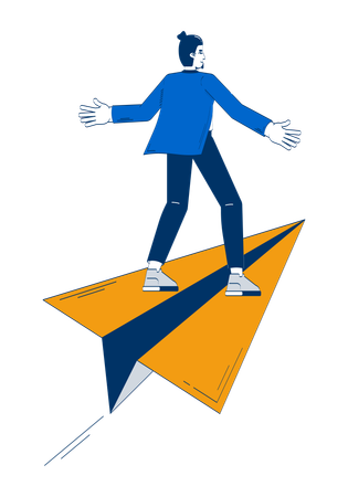 Confident business man riding forward on large paper plane  Illustration