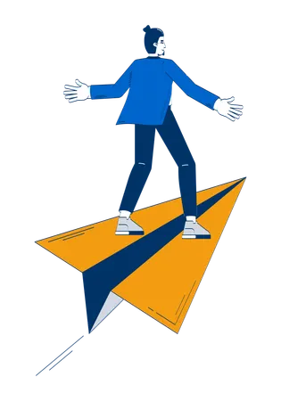 Confident business man riding forward on large paper plane  Illustration