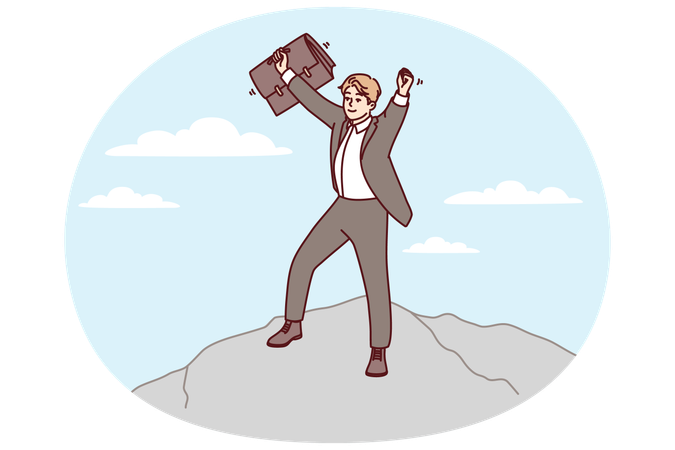 Confident business man standing on mountain raising hands up joy of career success  Illustration