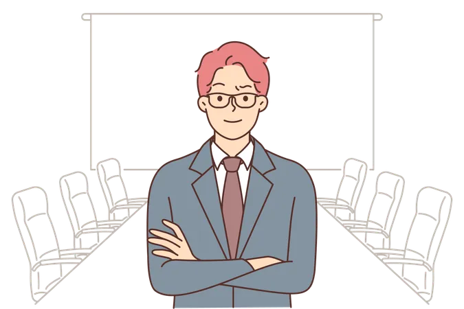 Confident Businessman Stands In Boardroom And Looks At Camera With Arms Crossed Suggesting That Come To Management Seminar Businessman In Boardroom For Negotiations With Partners And Colleagues Illustration