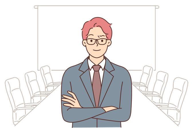 Confident business man stands in boardroom  Illustration