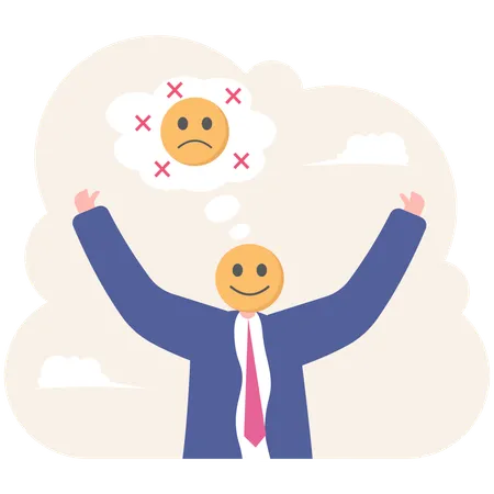 Man With A Smiling Mask Shows Gestures Of A Strong Successful Winner Hiding Behind Depression Concept Of Masking In Psychology Illustration Vector Eps 10 Cartoon Illustration