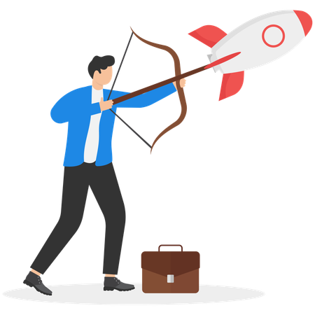Confident businessman aiming sky with bow and rocket  Illustration