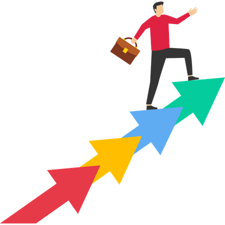 Confident businessman climbing the ladder of growth arrows  Illustration
