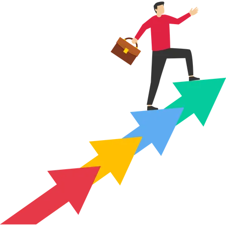 Confident businessman climbing the ladder of growth arrows  Illustration