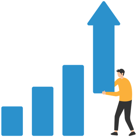 Confident businessman help lift up bar graph to new high level  Illustration