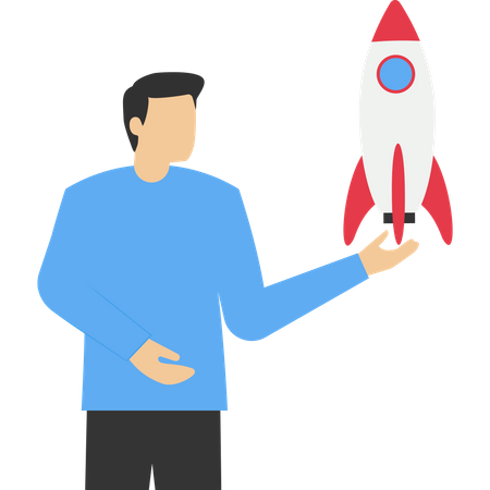 Confident businessman holding rocket project thinking to launch  Illustration