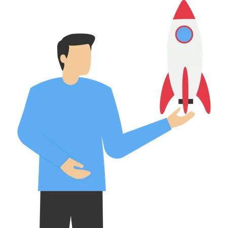 Confident Businessman Holding Rocket Project Thinking To Launch Entrepreneur And Startup Project Innovation For Success Concept Starting New Business Opportunity To Discover New Product Illustration