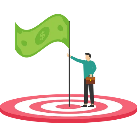 Concept Of Reaching A Financial Goal Confident Businessman Holding Winner Flag Over Dollar Money Target Successful Investment Or Making Money Winning Wealth And Saving Goal Or Achievement Concept イラスト