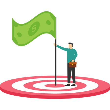 Confident businessman holding winner flag over dollar money target  Illustration