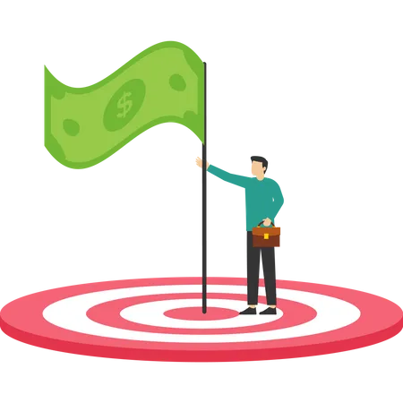 Confident businessman holding winner flag over dollar money target  Illustration