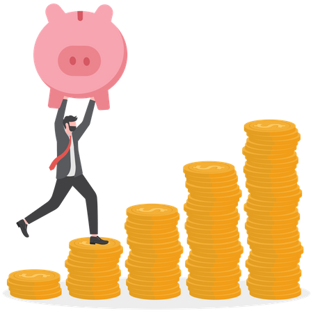 Confident businessman investor hold wealthy pink piggy bank walking up rising green arrow stock market bar graph  Illustration