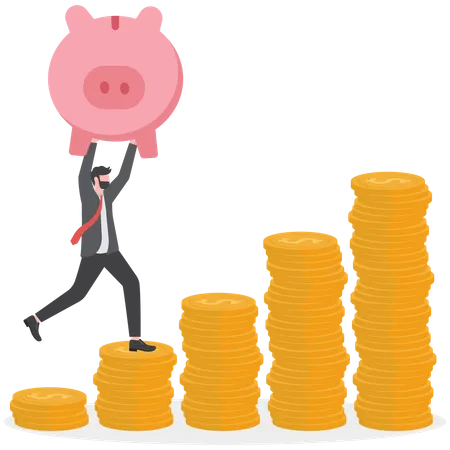 Confident businessman investor hold wealthy pink piggy bank walking up rising green arrow stock market bar graph  Illustration