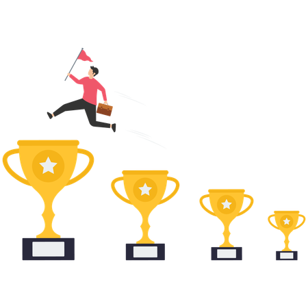 Confident businessman jumping from small win trophy to get bigger one  Illustration