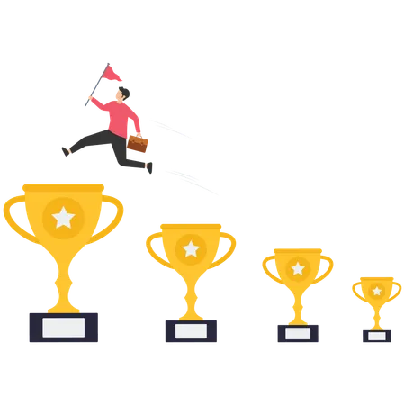 Confident businessman jumping from small win trophy to get bigger one  Illustration