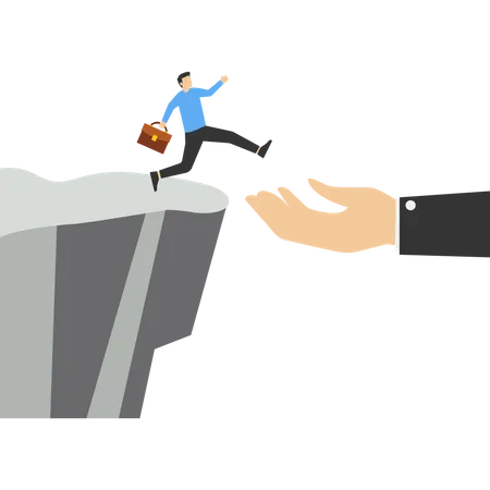 Confident Businessman Jumps From Helping Giant Hand To Reach Cliff Target Support In Business For Success Guidance And Motivation To Overcome Business Obstacles Career Growth Concept Illustration