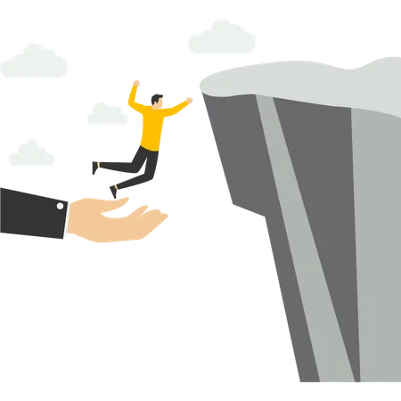 Confident businessman jumps from helping giant hand to reach cliff target  Illustration