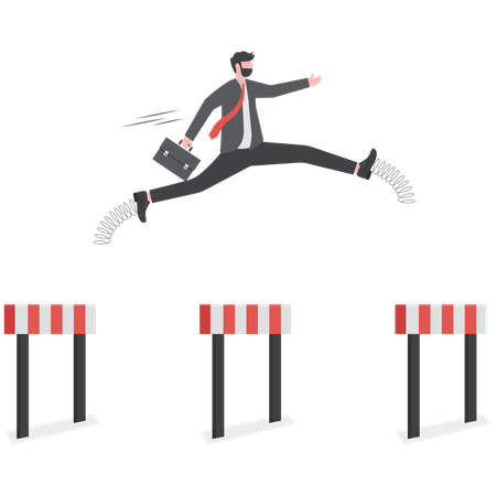 Confident businessman leader jump high over hurdles to be winner  Illustration