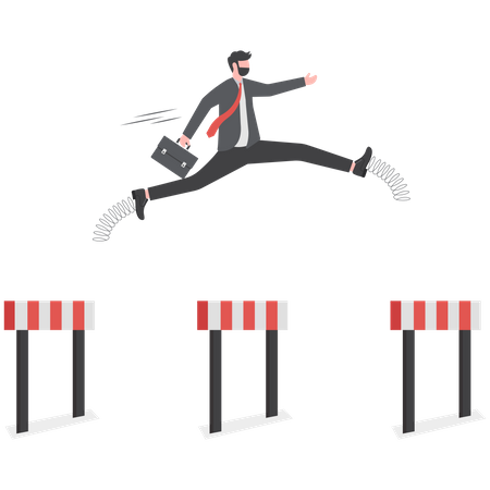 Confident businessman leader jump high over hurdles to be winner  Illustration