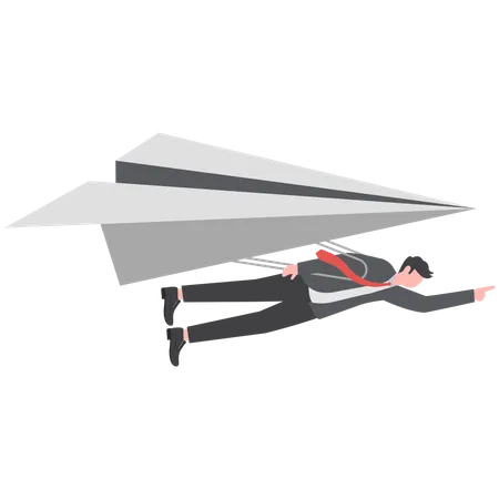 Confident businessman leader on flying high paper planes  Illustration