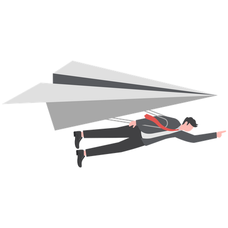 Confident businessman leader on flying high paper planes  Illustration