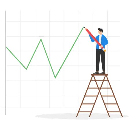 Confident Businessman Trader Climbing Up Ladder To Draw Red Rising Up Investment Line Graph Stock Price Growth Asset Price Soaring Or Rising Up Bullish Stock Market Or Economic Recovery Concept Illustration
