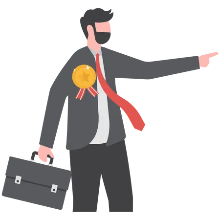 Confident businessman manager with award winning emblem giving advice  Illustration