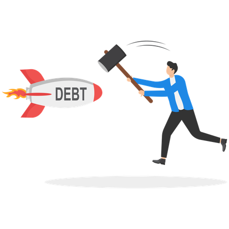 Confident businessman smashes burden of startup debt using hammer  Illustration