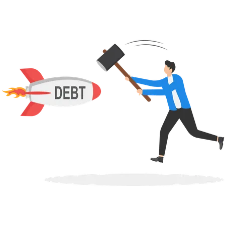Confident businessman smashes burden of startup debt using hammer  Illustration