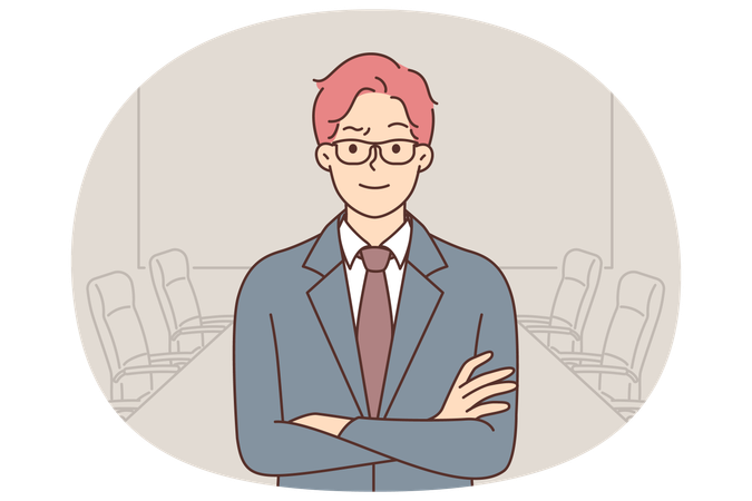 Confident businessman standing in boardroom and looks at camera with arms crossed  Illustration