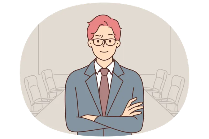 Confident businessman standing in boardroom and looks at camera with arms crossed  Illustration