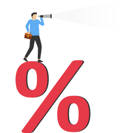 Confident businessman standing on percentage sign looking at vision in telescope  Illustration