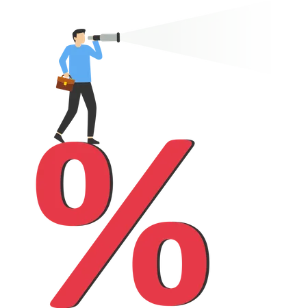 Confident Businessman Standing On Percentage Sign Looking At Vision In Telescope Interest Rate Forecast Seeking Profit Investment Or Bank Loan Repayment Concept FED And Central Bank Financial Polic Illustration