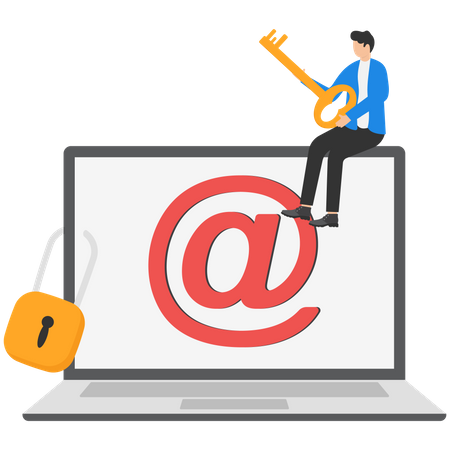 Confident businessman standing with strong padlock security on email  Illustration