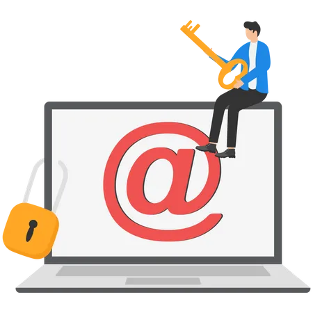 Confident businessman standing with strong padlock security on email  Illustration